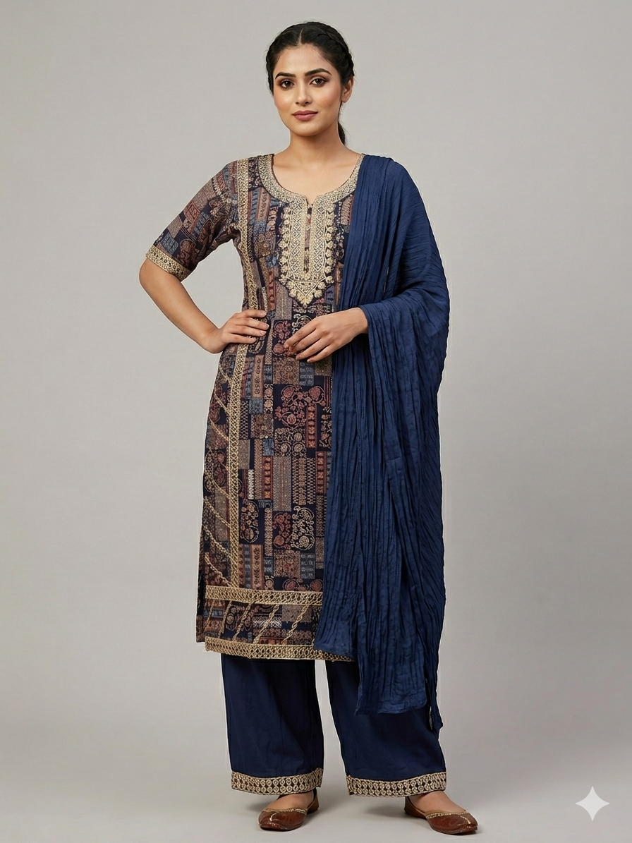 Rayon Premium printed Embroidered Kurta with Pant & Plain Chiffon Printed Dupatta