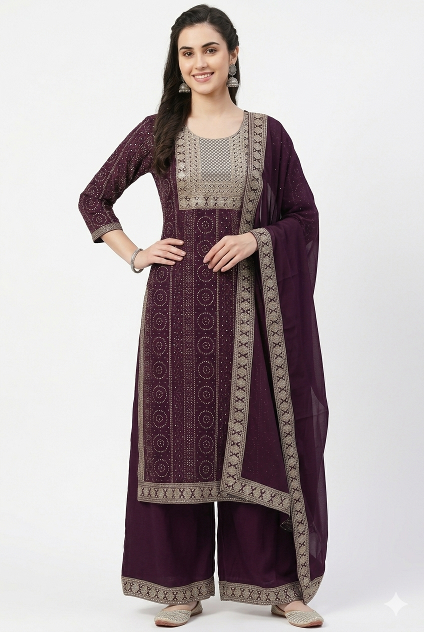 Cotton Designer Suit | Embroidery Golden with Pant & Georgette Dupatta