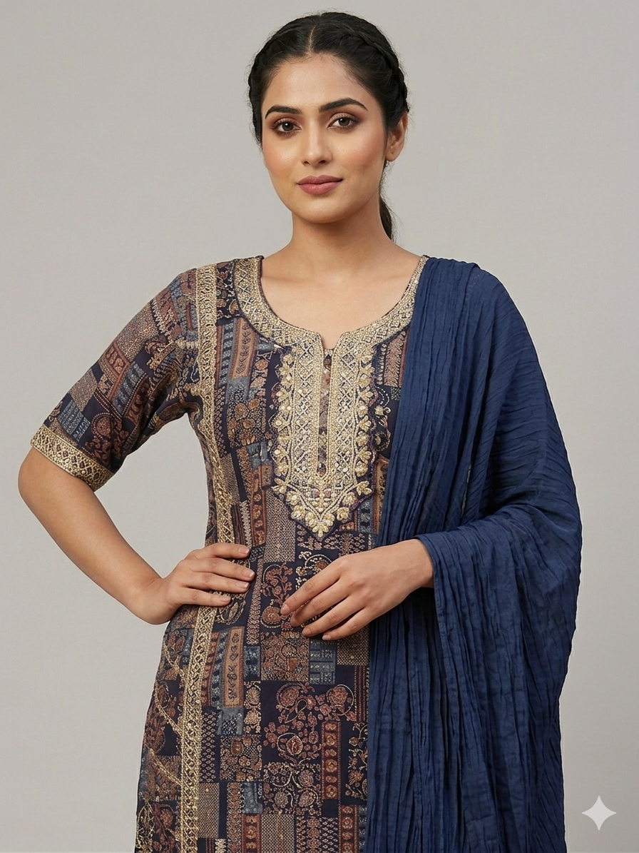 Rayon Premium printed Embroidered Kurta with Pant & Plain Chiffon Printed Dupatta