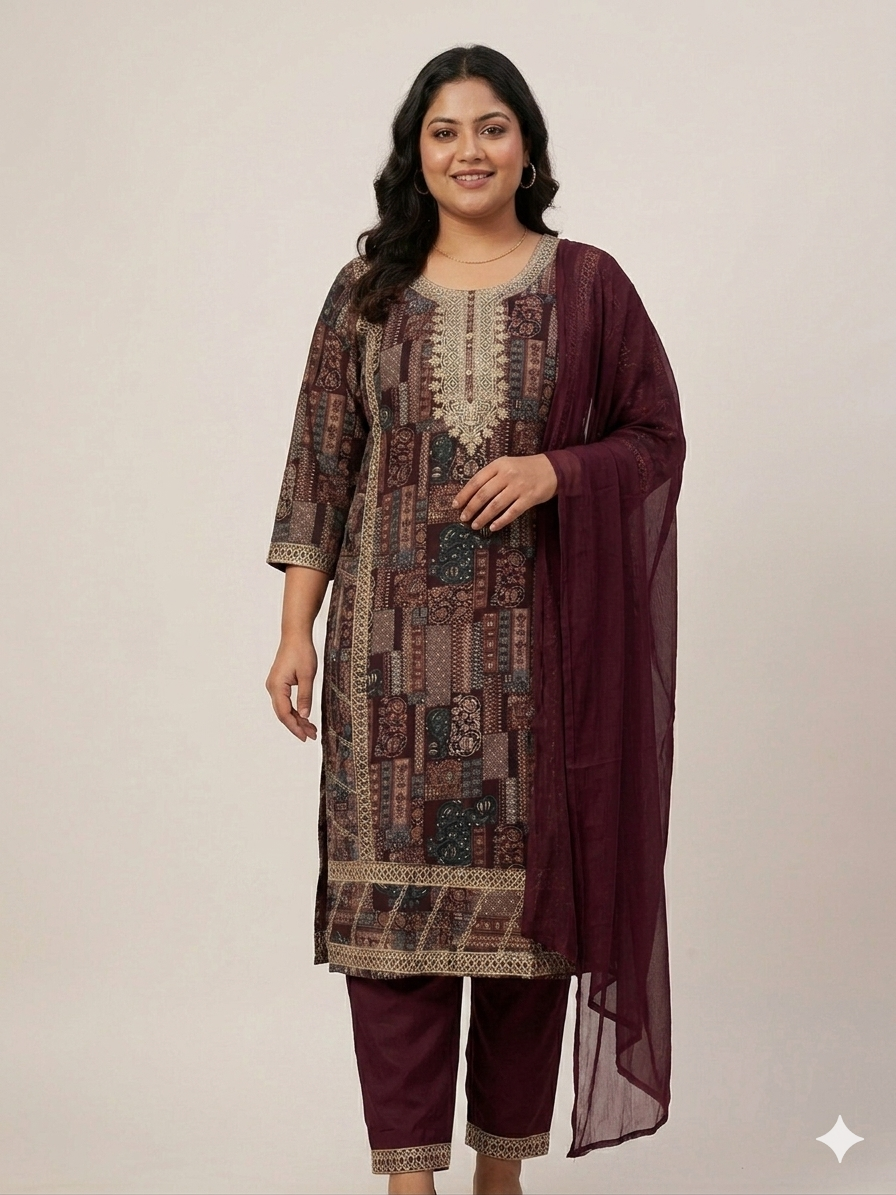 Rayon Premium printed Embroidered Kurta with Pant & Plain Chiffon Printed Dupatta