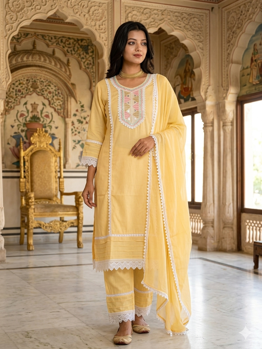 Cotton Blend suit with Embroidered Lace work
